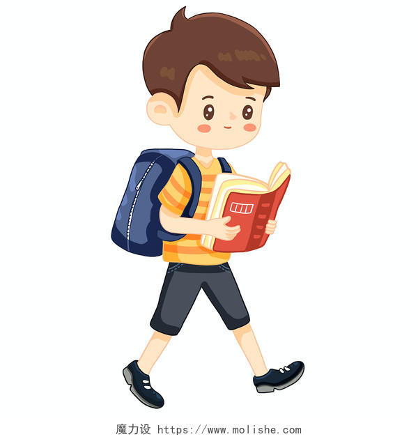 卡通可爱小男孩走路看书全国爱眼日扁平原创插画书籍书包走路